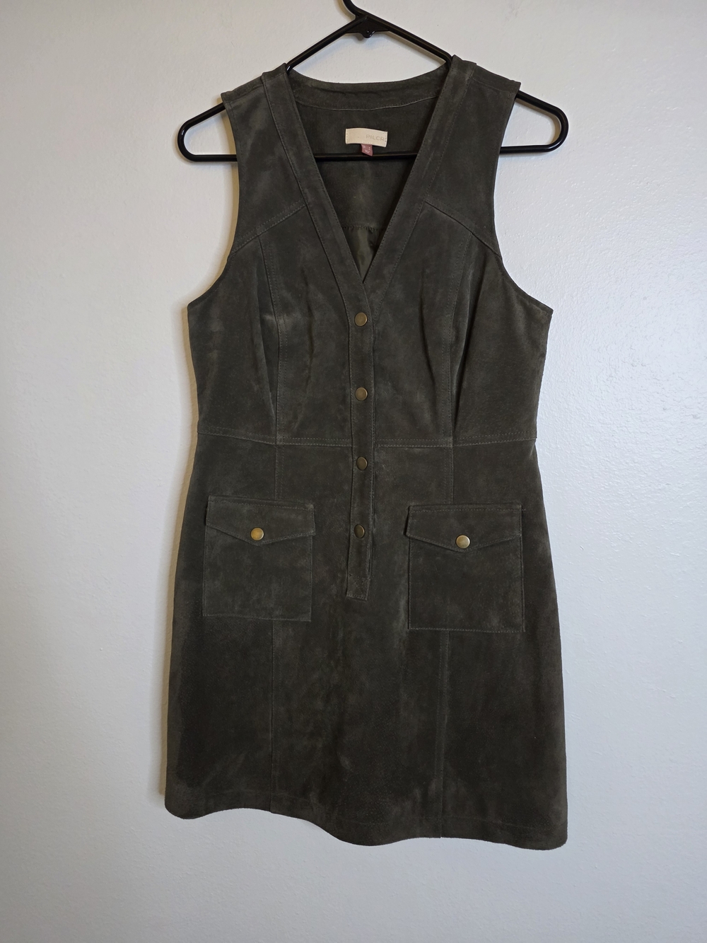 Anthropologie Pilcro Olive Green Suede Leather V-Neck Button Front Mini Dress 2